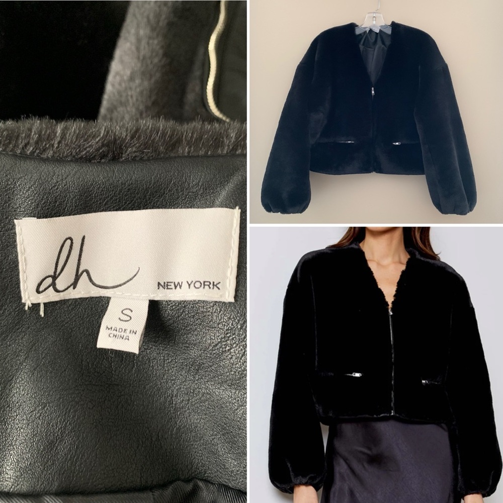 DH NEW YORK Neptune black faux fur cropped jacket.  Size S